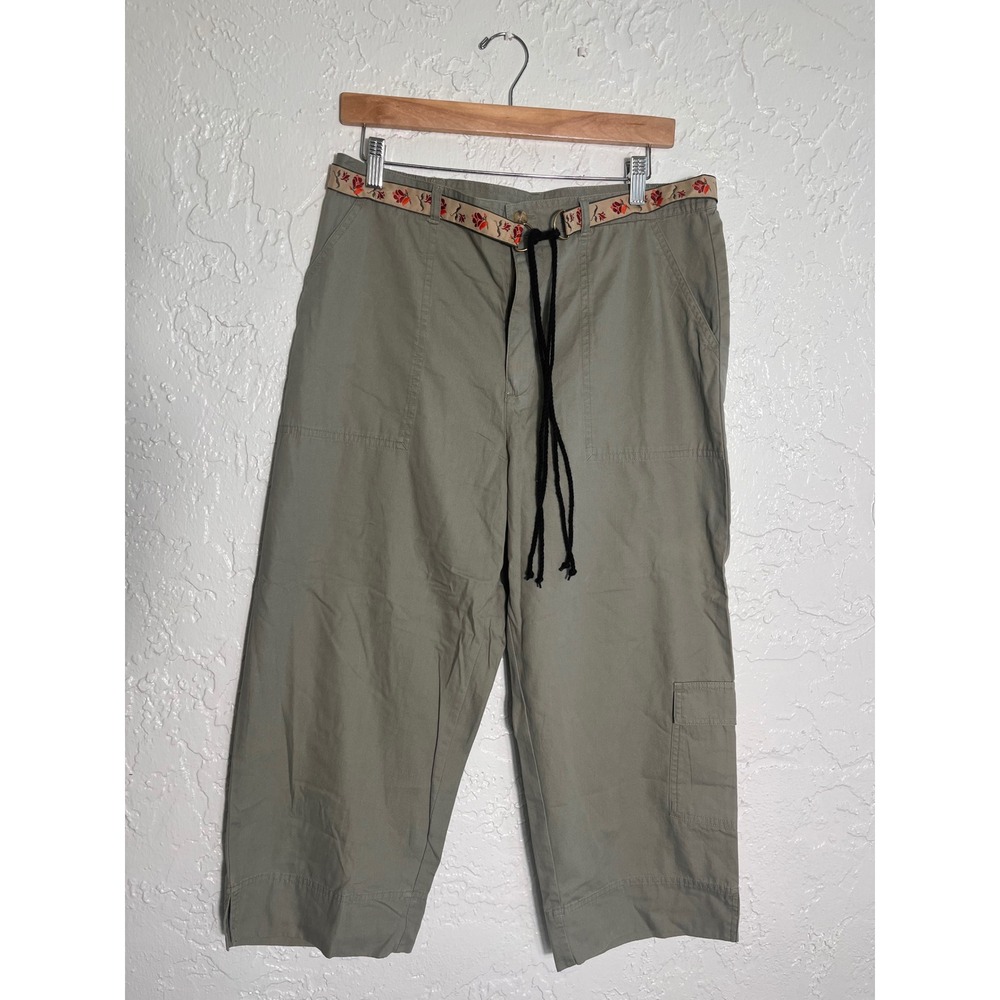 White Stag Womens Olive Drab Cotton Cropped Cargo Pants Floral Waistband Size 14